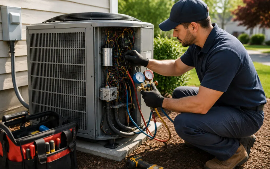 man servicing HVAC unit