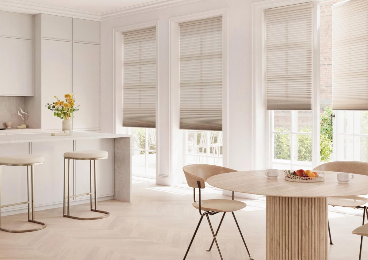 living room windows with honeycomb shades